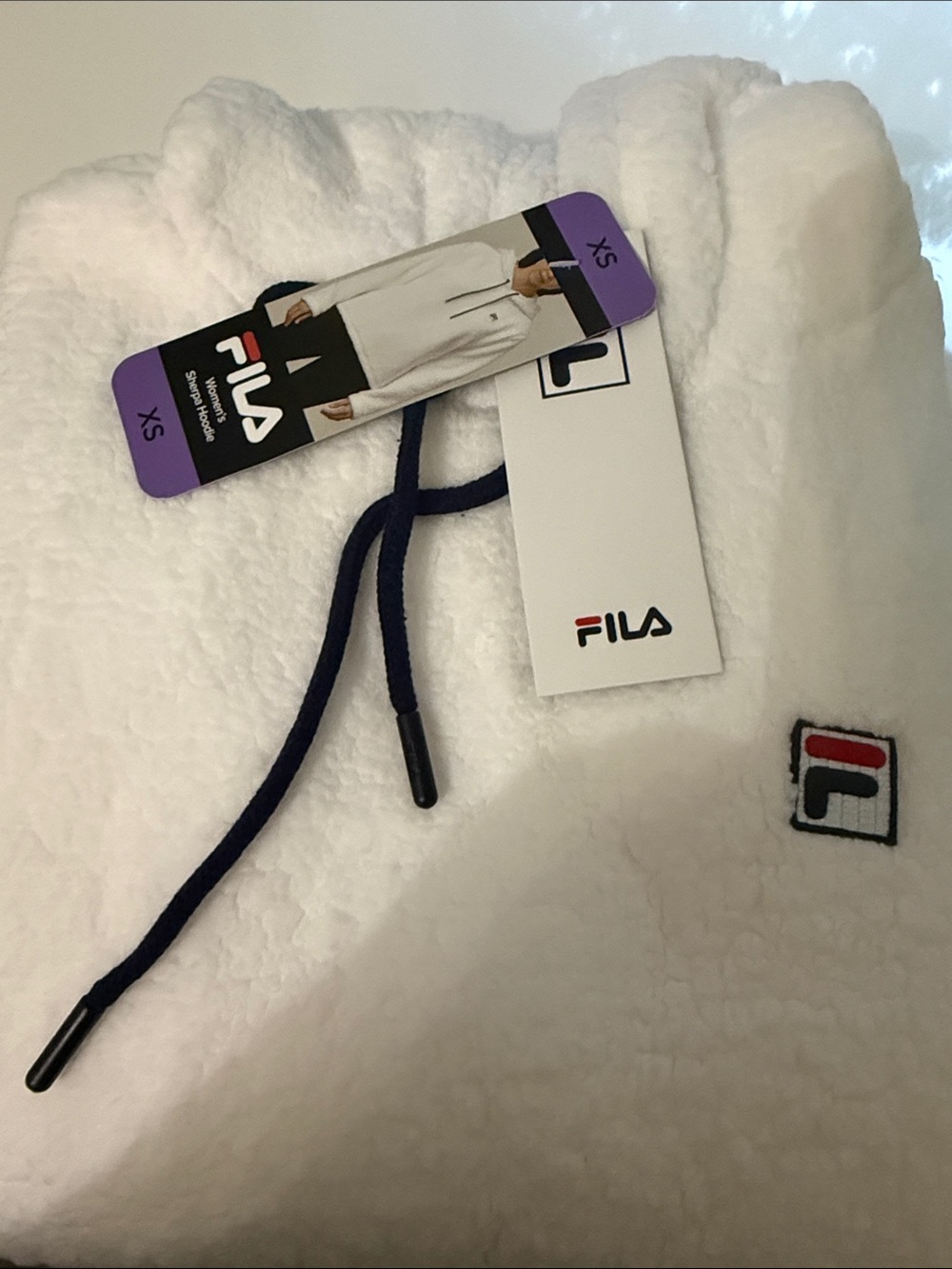 FILA White Sherpa Hoodie with Navy Drawstrings and Logo